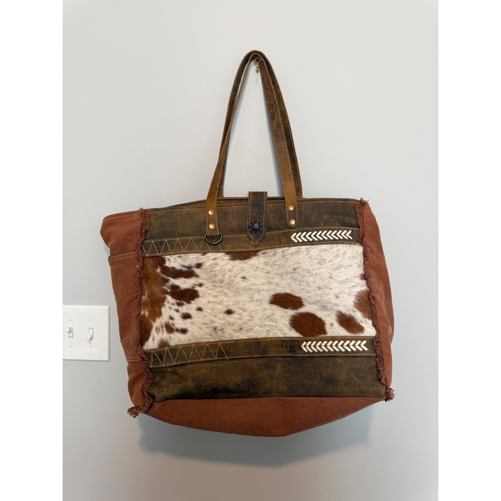 Myra Bag Cowhide Leather Canvas Tote Bag Western Boho Brown Large Shoulder Bag